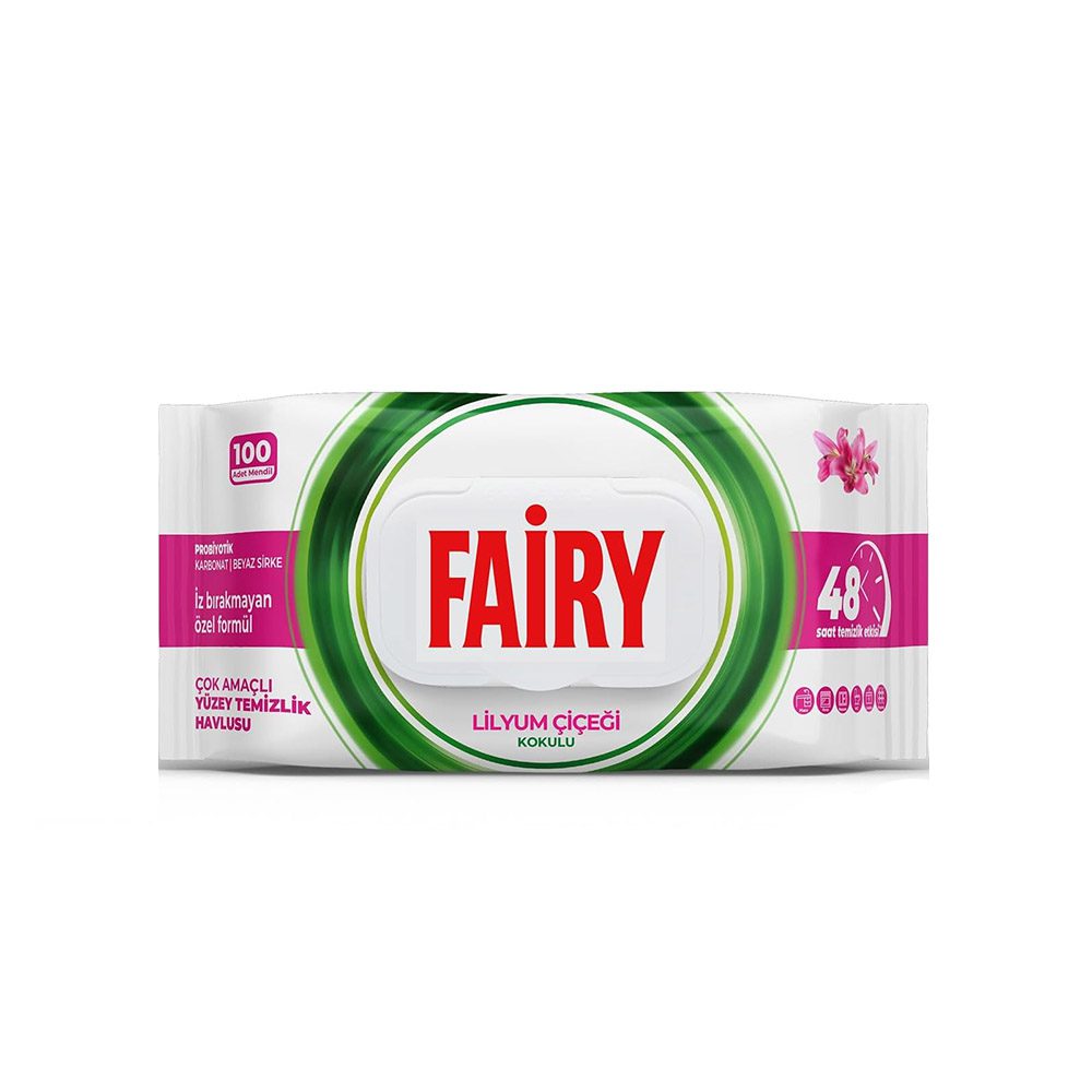 Fairy Çok Amaçlı Yüzey Temizlik Havlusu 100 Lilyum Çiçeği دستمال مرطوب تمیز کننده چند منظوره سطوح فیری Fairy با رایحه گل زنبق بسته 100 عددی - Image 1