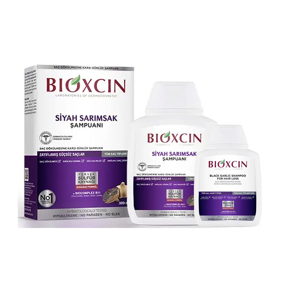 Bioxcin Siyah Sarimsak 300+100ml شامپو ضد ریزش مو بیوکسین حاوی سیر سیاه بدون سولفات مخصوص انواع موهای ضعیف حجم 300 + 100 میل - Image 1