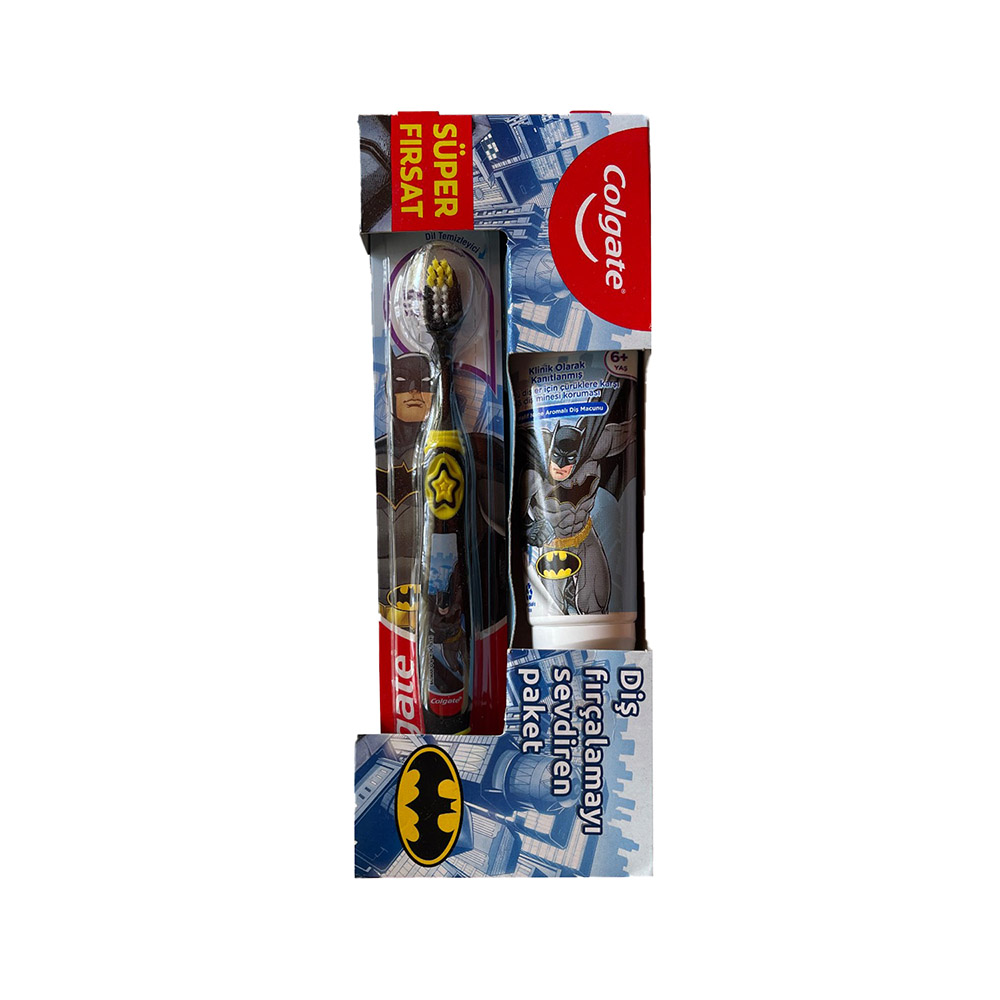 Colgate Dis Fircalamayi Sevdiren Pakt 1 مسواک و خمیر دندان کودک کلگیت Colgate طرح بتمن مناسب بالای 6 سال - Image 1